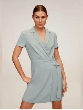 Mango Short Wrap Dress in Pale Blue